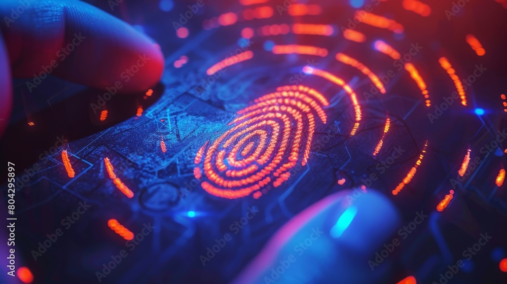 Wall mural businessman scan fingerprint biometric identity and approval. concept of the future of security and password control through fingerprints in an immersive technology future and cybernetic.