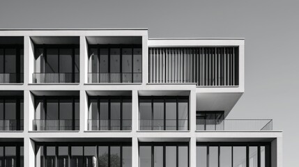 This black and white photo of minimalist architecture is a stunning depiction of simplicity and elegance. The building's clean lines and geometric shapes are perfectly captured in the crisp tones.
