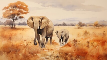 Two elephants in the savanna watercolor painting - obrazy, fototapety, plakaty
