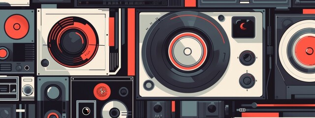 Retro-inspired illustrations of technology gadgets such as cameras, cassette tapes, or vinyl records.