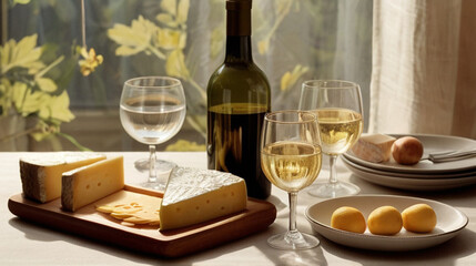 White wine and cheese platter served on the table