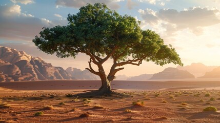 Obraz premium Single tree in the middle of desertic plain of Wadi Rum, Jordan