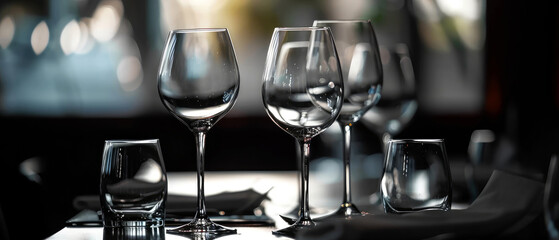 Close up of served buffet table with wine glasses at the luxury restaurant. Summer vacation. Romantic ambience for chilling. Generative ai