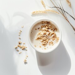 quality advertising photo in fashion magazine style with clean white background. Grain shake in a white cup, background is white, top view  - obrazy, fototapety, plakaty