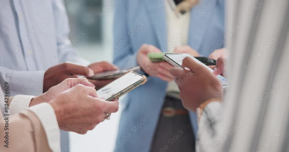 Poster typing, hands and business people with cellphone, circle and digital app with social media, connecti