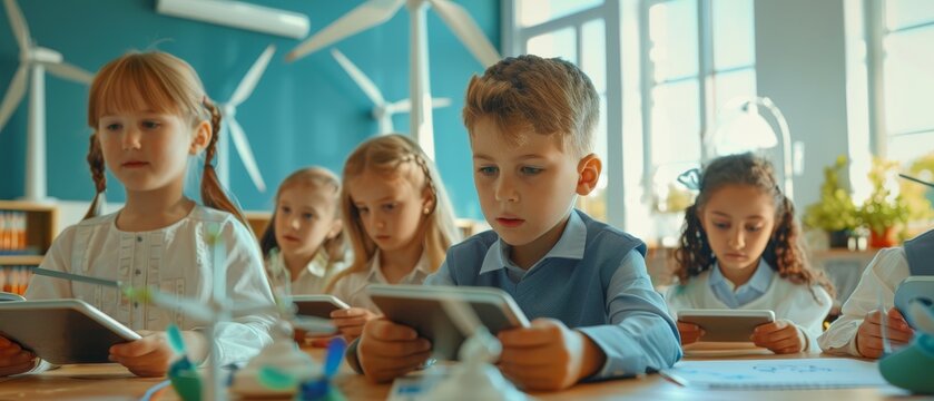 Using tablet computers to program wind turbines in the elementary school. Classroom with kids learning about eco-friendly forms of renewable energy.