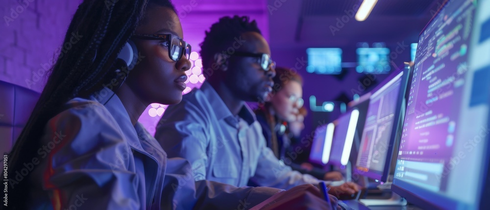 Poster work on desktop computers with professional office employees. diverse teams use personal computers, 