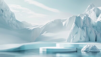 A wintry 3D podium set against a snowy mountain landscape, perfect for showcasing products in a cold, icy environment with minimalistic rock and glacier elements