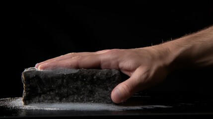 A hand wiping a surface with a sponge black background - obrazy, fototapety, plakaty
