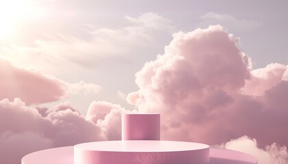 A dreamy pink podium set against a cloudy sky backdrop, creating a romantic and heavenly setting for luxury product displays, modern style, sunlight, elegant, hyper realistic, vibrant colors