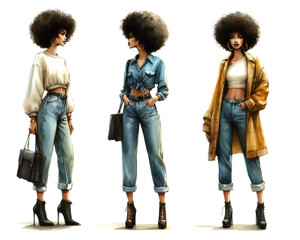 Naklejka premium Set of African american young woman wearing casual clothes watercolor art isolated on transparent background