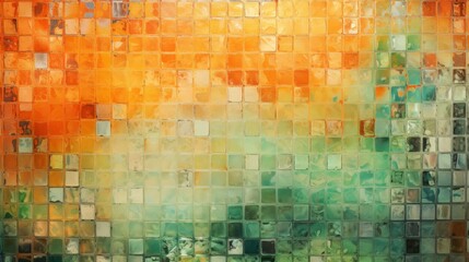 Orange, green Square mosaic mirror wall background, texture banner. Abstract grunge glass