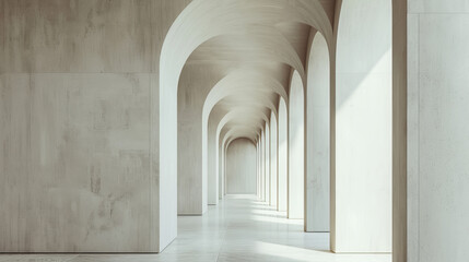 A long corridor with repeating arched structures creating a sense of depth and serenity