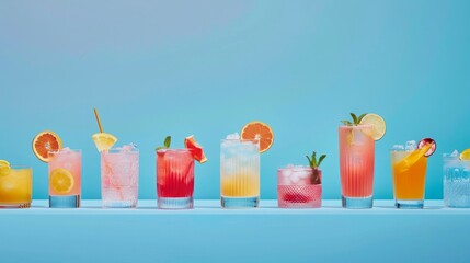 A collection of vibrant summer cocktails against a blue sky, perfect for a sunny day's refreshment.