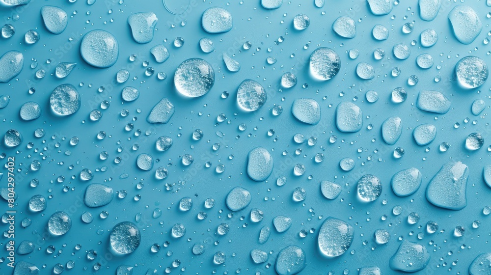 Poster a blue background with many small drops of water. the drops are scattered all over the background, c