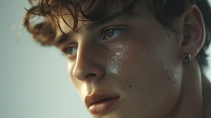 A close-up image of a young man's earlobe adorned with a single statement earring, adding a touch of rebellion to his overall look. 