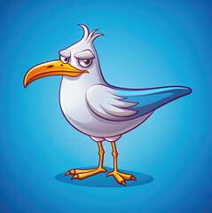 Obraz premium An illustration with a picture of a seagull. Cartoon style. Funny Angry bird character highlighted on a blue background. Vector illustratio