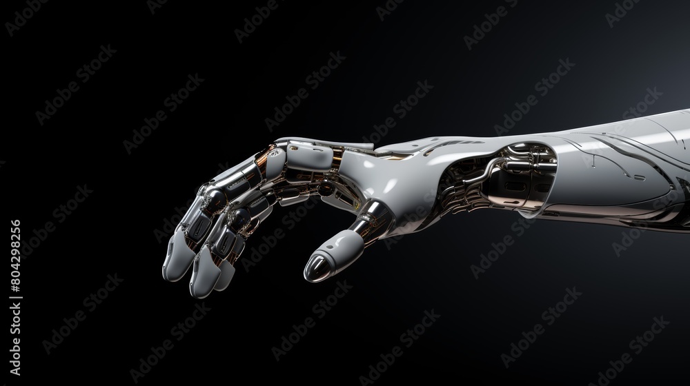 Poster a close-up photo of a sleek, futuristic robot arm delicately handling a delicate object, showcasing 