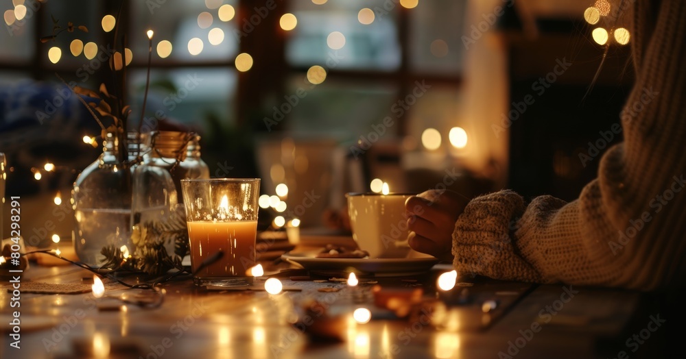 Poster a warm and cozy atmosphere with candles and string lights adding to the ambiance as participants wor