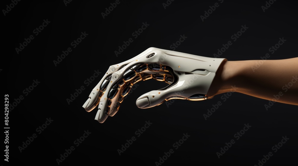 Poster A close-up photo of a sleek, futuristic robot arm delicately handling a delicate object, showcasing its precision and advanced technology.