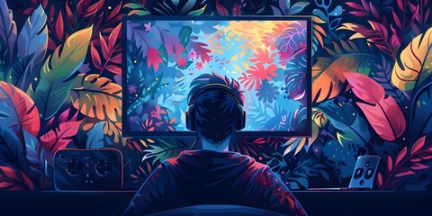 Immersive Digital Escapade Blending Technology and Traditional Leisure Activities in a Vibrant Fantastical Landscape