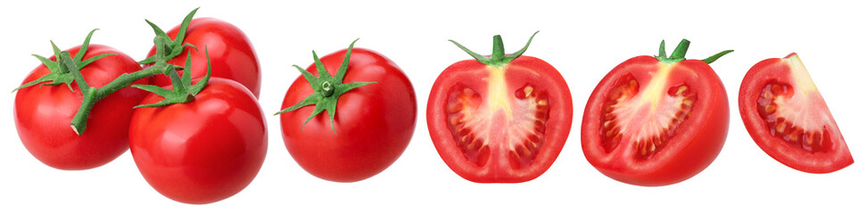 bunch of fresh red tomatoes, half and slices tomatoes isolated, transparent PNG, PNG format