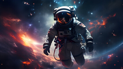 An ultra-high-resolution digital painting of an astronaut floating in the starry darkness against a cosmic background with distant nebulae, with dramatic lighting highlighting the outline of his space