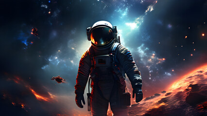 An ultra-high-resolution digital painting of an astronaut floating in the starry darkness against a cosmic background with distant nebulae, with dramatic lighting highlighting the outline of his space