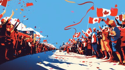 Jubilant Canada Day Celebration in Cartoon Style