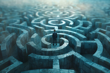 Businessman standing in middle of a maze looking for the right way out , problems and solutions concept, 3D illustration 