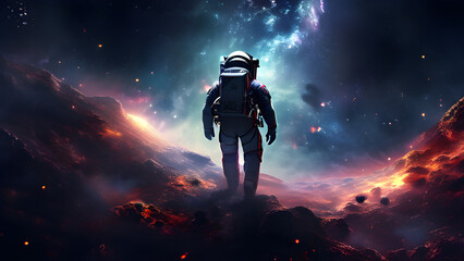 Fototapeta premium An ultra-high-resolution digital painting of an astronaut floating in the starry darkness against a cosmic background with distant nebulae, with dramatic lighting highlighting the outline of his space