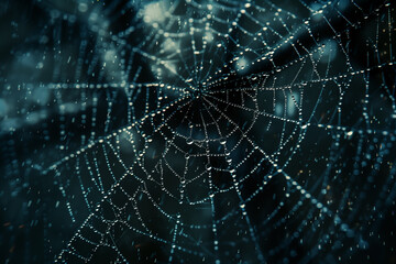 Spider web covered in water drops, top view, 3D illustration