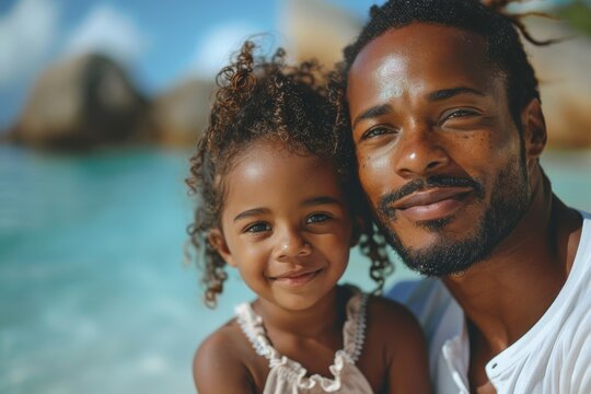 Portrait of a smiling father and daughter with beach and turquoise waters behind - Powered by Adobe