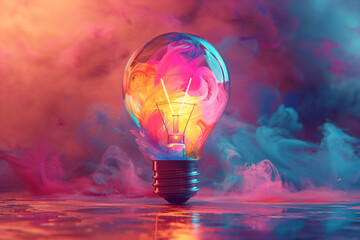 Colorful creative idea concept with lightbulb made from colorful paint, on a gradient background, 3D illustration