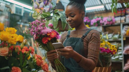 A woman is looking at her phone while standing in a flower shop