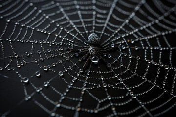 Spider web covered in water drops, top view, 3D illustration
