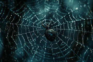 Spider web covered in water drops, top view, 3D illustration