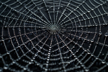 Naklejka premium Spider web covered in water drops, top view, 3D illustration