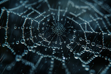 Obraz premium Spider web covered in water drops, top view, 3D illustration