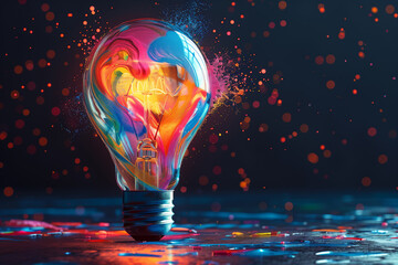 Colorful creative idea concept with lightbulb made from colorful paint, on a black background, 3D illustration