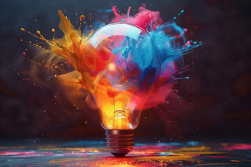 Colorful creative idea concept with lightbulb made from colorful paint, on a black background, 3D illustration