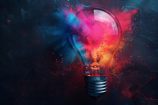 Colorful creative idea concept with lightbulb made from colorful paint, on a black background, 3D illustration