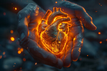 Glowing human heart in hands, 3D illustration