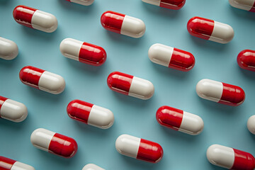 White and red pills arranged in rows on a blue background, pattern, 3D illustration