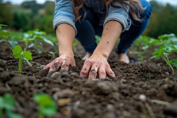 Hands covered in soil represent growth and nurturing as they plant seedlings in the garden, emphasizing the connection to the earth