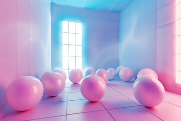 A pink and blue room with eggs on the floor. AI generated .
