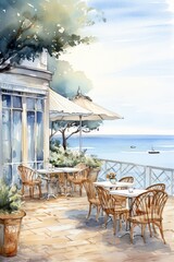 A painting depicting a charming coastal cafe with a view overlooking the ocean. The scene captures the restaurants setting by the sea with the waves gently rolling in