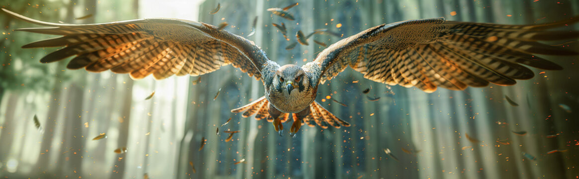 Dramatic scene of a peregrine falcon diving powerfully with wings fully spread against a shower of golden sparks.