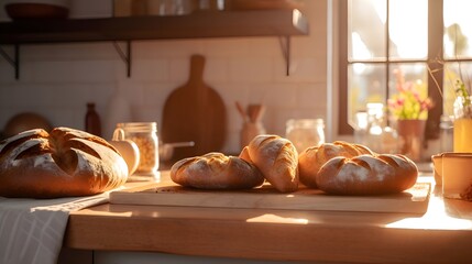 freshly baked bread, Loaf of bread in th kitchen - obrazy, fototapety, plakaty