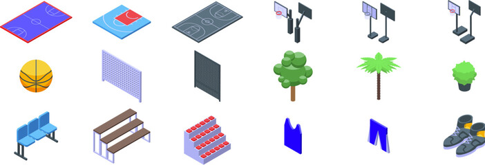Street basketball court icons set isometric vector. Outdoor arena. Game town